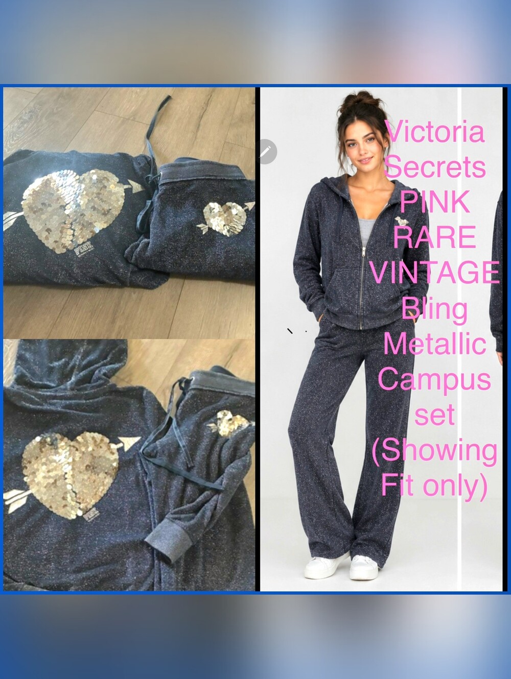 💘VTG PINK Victoria's Secret Navy Metallic Sparkle Flip Sequin Heart Arrow💘